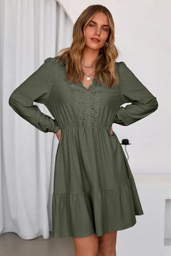 Dokotoo Spring Dresses for Women 2026 Elegant Lace Hollow Out Embroidered V Neck Long Sleeve Casual A-Line Swing Mini Dress