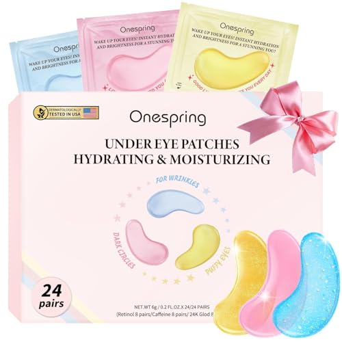 Onespring Eye Masks (24 Pairs) - Gifts for Her - Caffeine, 24K Gold and Retinol Under Eye Patches for Puffy Eyes, Dark Cir...