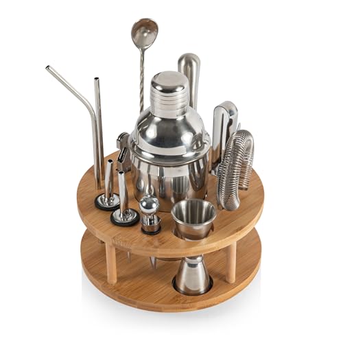 PICNIC TIME Lazy Susan Bar Tool Set, 12-piece Bartender Kit in Lazy Susan, Cocktail Set in Round Wooden Turntable, Mixolog...