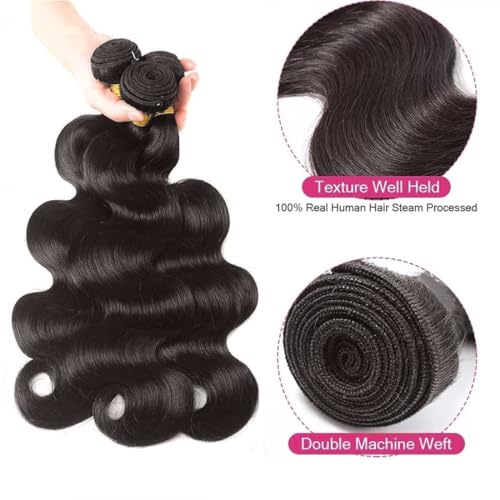 100% Brazilian Virgin Human Hair Body Wave Natural Black Human Hair Bundles with 4x4 Lace Closure, 3 Bundles with Closure (14, 16, 18+12 Natural Black)