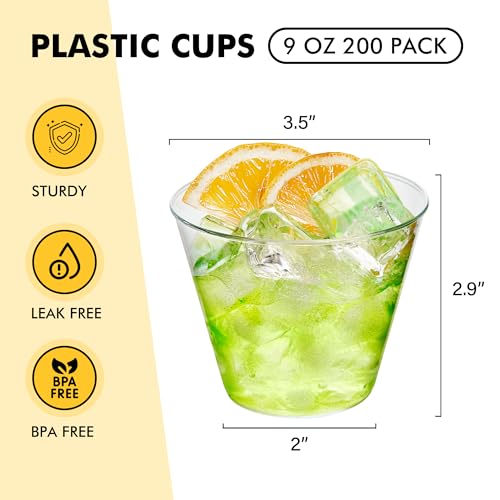 RACETOP 200 Pack 9 oz Clear Plastic Cups for Party, Disposable Clear Cup, Disposable Cups, Wine Glasses Cups, Plastic Cock...