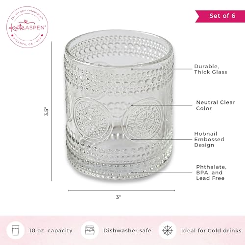 Hobnail Beaded Floral Clear Drinking Glasses Set of 6, (10 oz) Vintage Glassware Set by Kate Aspen| Cocktail Glass Set, Ju...