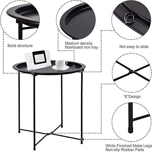 Garden 4 you End Table 2 PCS Metal Side Table Black Round Folding Tray Cyan Sofa Small Accent Fold-able Table, Round End T...