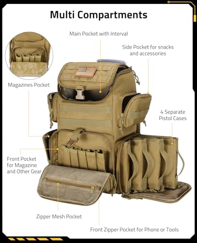 CVLIFE Tactical Range Backpack with Removable Divider, Gun Cases Bag with 4 Pistol Carrying Cases, Rucksack for Shooting (...