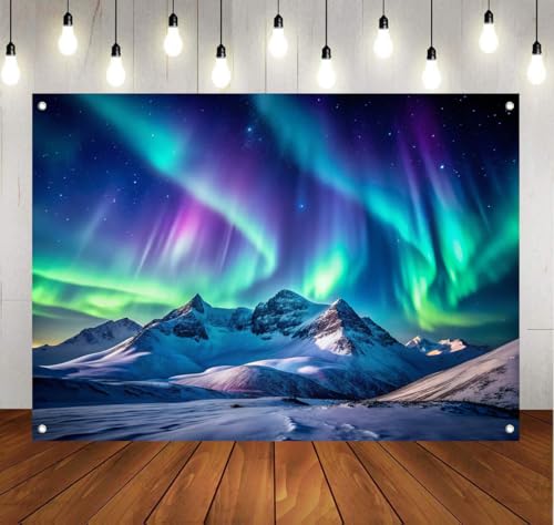 LYCGS 70.8''x47.2'' Colorful Northern Lights Backdrop Snowy Mountains Aurora Borealis Starry Night Sky Background X-411