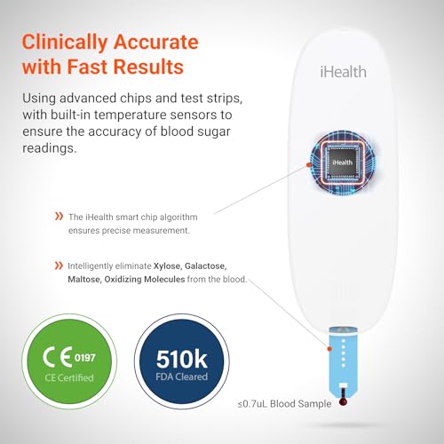 iHealth Gluco+ Wireless Smart Blood Glucose Monitor Kit with Free App, 100 Glucometer Strips, 100 Lancets, 1 Blood Sugar M...