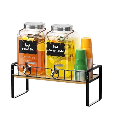 Zuyachuza 2-pack 1 Gallon Drink Dispenser,Glass Beverage Dispenser with Spigot,Lemonade dispenser Bamboo Stand for Outsid...