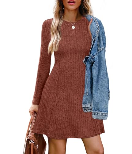 OFEEFAN Fall Dresses for Women 2025 Long Sleeve Crew Neck Sweater Dress