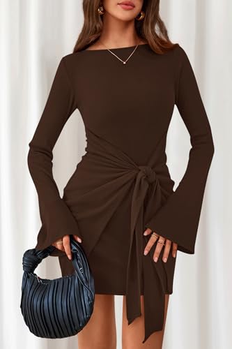 dowerme Women's Casual Mini Dress 2025 Bell Long Sleeve Boat Neck Tie Waist Bodycon Dresses Knitted Party Fall Outfits