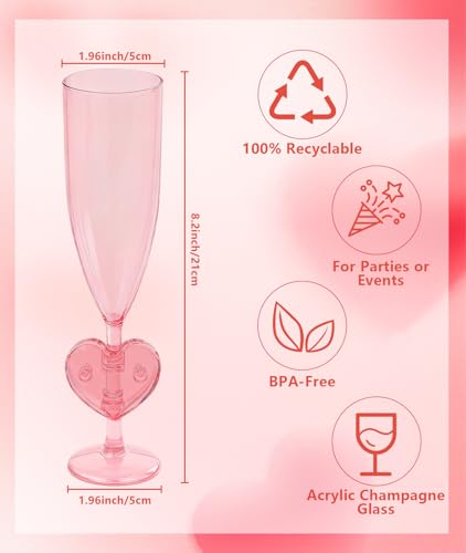 Irosiy 12-Pack Pink Heart Stem Plastic Champagne Flutes - Sweet Romantic Cups for Bridal Showers, Baby Showers, Valentine’...