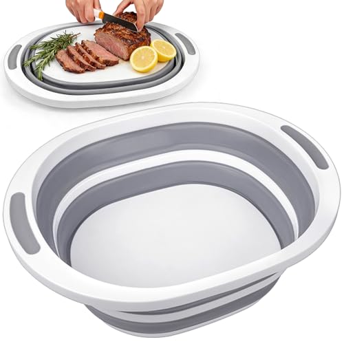 Collapsible Wash Basin, 7.5L Dish Tub Sink Basin Folding Dish Pans for Kitchen Sink, 2-in-1 Dishpan + Cutting Board, Porta...