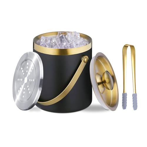 Sipoyen Insulated Ice Bucket with Lid, Handle and Tong Black Gold Stainless Steel Champagne Bucket for Party 3L Bar Cart A...