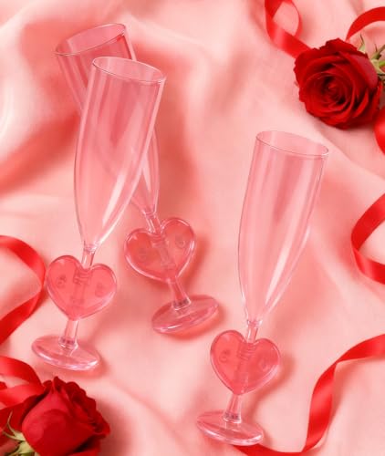 Irosiy 12-Pack Pink Heart Stem Plastic Champagne Flutes - Sweet Romantic Cups for Bridal Showers, Baby Showers, Valentine’...