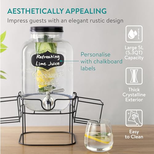 Navaris Glass Jar Drink Dispenser with Tap - Includes Black Metal Stand with Cup Storage - For Cocktail Drinks, Lemonade, ...