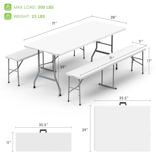HLPB Folding Table Picnic Table Set, 6 ft Camping Table with 2 Benches, Outdoor Indoor Portable Folding Furniture for Work...