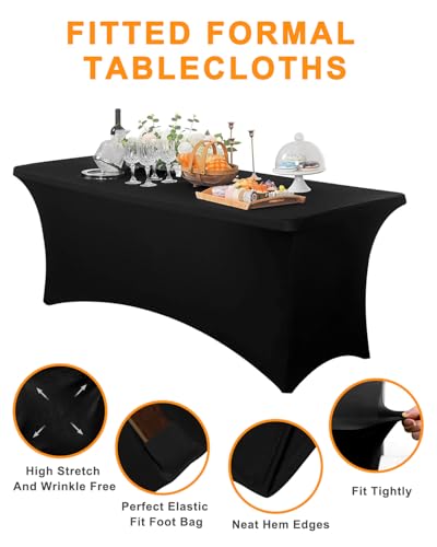 Spandex Table Cover 2 Pack 6FT Black Fitted Tablecloths,Washable Wrinkle Resistant Stretch Table Cloth Rectangle for Vendo...