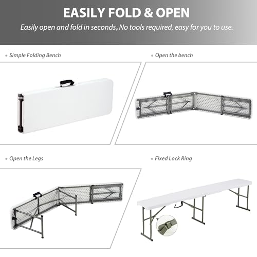Candockway 6ft Plastic Folding Bench with Carrying Handle & Lock, Portable Outdoor Bench in Garden Picnic Camping Dining P...