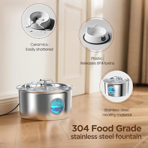 Cat Water Fountain Stainless Steel: 2.6L Cat Fountain for Drinking - Pet Water Fountain for Cats Indoor - Automatic Pet Wa...
