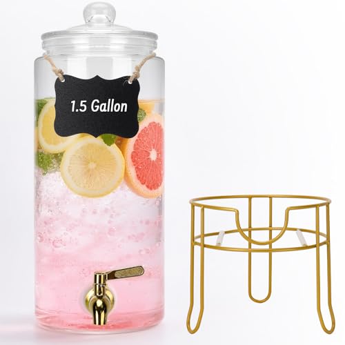 Glass Drink Dispensers For Parties, 1.5 Gallon Beverage Dispenser With Glass Airtight Lids, Gold Metal Stand And Stainless...