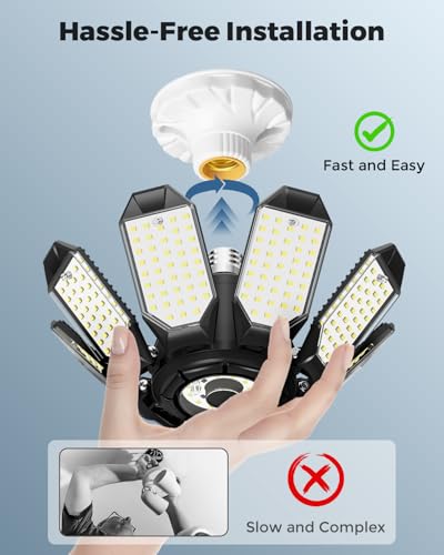 Adiding LED Garage Ceiling Lights 2 Pack w/ 8+1 Adjustable Panel, Super Bright 28000LM Deformable Basement Light Bulb Fixt...