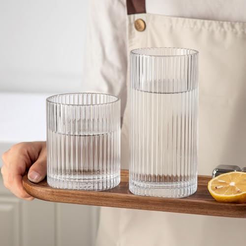 Lumkit Ribbed Drinking Glasses 8pcs, 12oz and 10oz Glassware, Tumbler Glasses Cup Set for Wedding, Party, Christmas Gift, ...