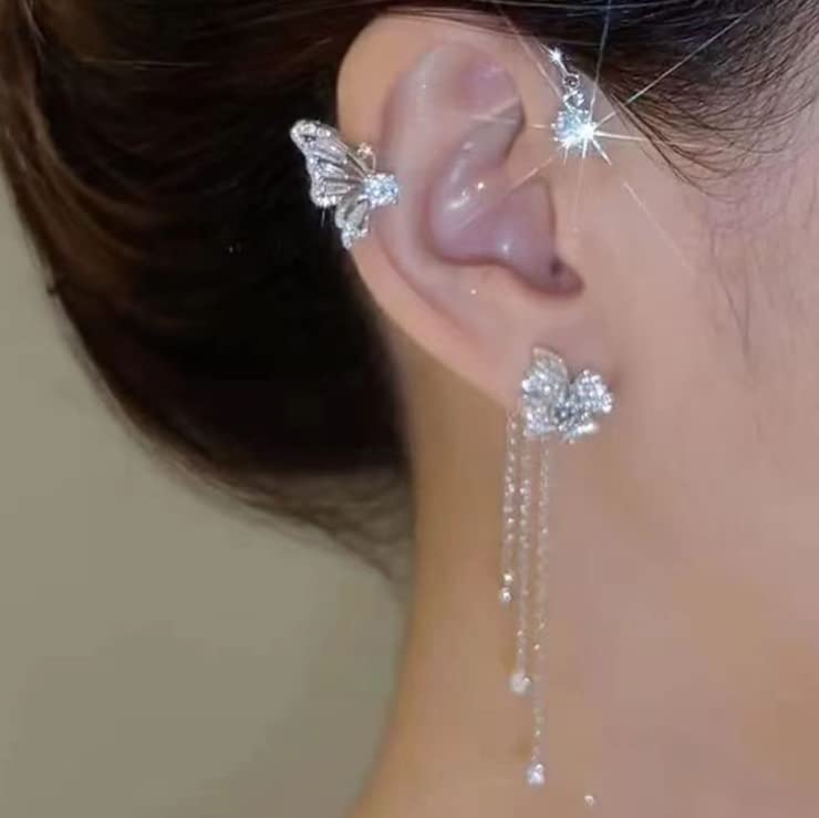 2Pcs Zircon Butterfly Ear Cuff Earrings for Women No Piercing Clip Wrap Around Fake Earrings Ear Crawler Rhinestone Wrap (Silver 1)