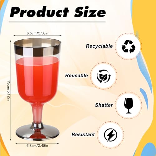 Uiifan 6 oz Plastic Wine Glasses, 100 Pcs, Reusable, Clear with Silver Rim, for Wedding, Birthday, Champagne Party Supplies