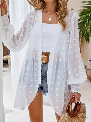 Women Sheer Floral Kimono Cardigan Lightweight Long Sleeve Blouse Cover Up for Summer Beach Casual Daily Outfits