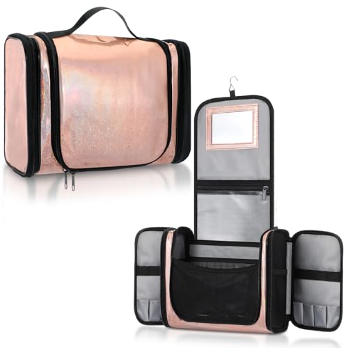 GlikCeil Dance Hanging Makeup Bag with Mirror Travel Toiletry Bag with Hanging Hook Cosmetics Organizer for Women Glitter ...