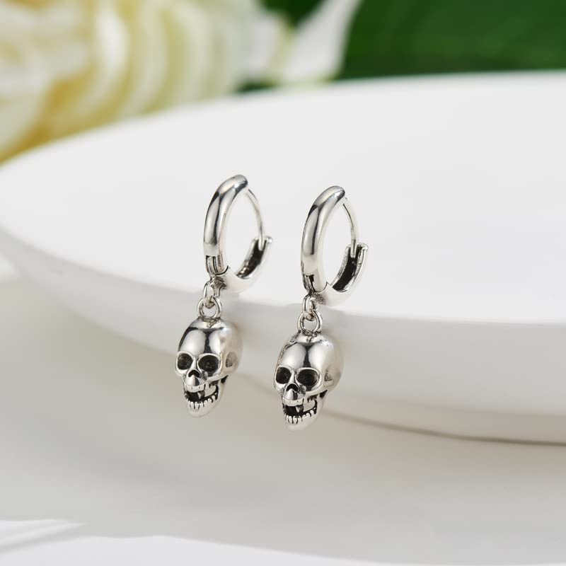 skull earrings for Women Girl Ladies,925 sterling silver Platinum plating skull Hoop earrings. (skull-01)