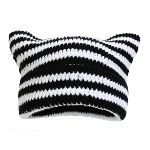 Women Beanie Warm Winter Hats Vintage Beanies Hat Cute Cat Ears Hats Winter Warm Knitted Stripe Accessories Slouchy Headgear