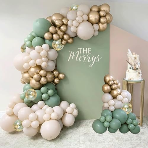 Sage Green White Sand Balloon Arch Kit, Green Beige Gold Metallic Balloons Garland Kit with Gold Confetti Balloons for Bir...