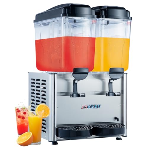 FSKEKU Dual-Tank Commercial Beverage Dispenser, 36L (9.5 Gal) Total, Black Refrigerated Juice Drink Machine, Stainless Ste...