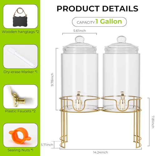 Glass Drink Dispensers For Parties, 2 PACK 1 Gallon Beverage Dispenser With Lids, Gold Metal Stand And Spigot 100% Leak pr...