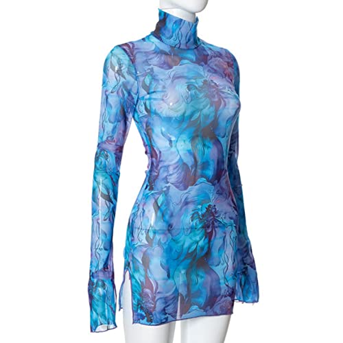 Women’s Floral Tie Dye Sheer Mesh Mini Dress Sexy Mock Neck Split Bodycon Flared Long Sleeve Beach Party Dress
