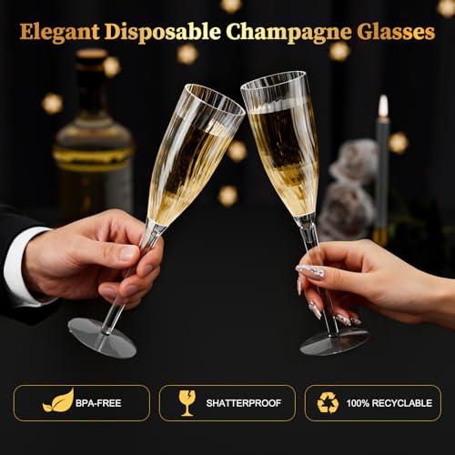 GuanQiao 16 Pack Clear Champagne Flutes, 6oz Disposable Wine Glasses with Long Stem, Reusable Plastic Cocktail Glasses for...