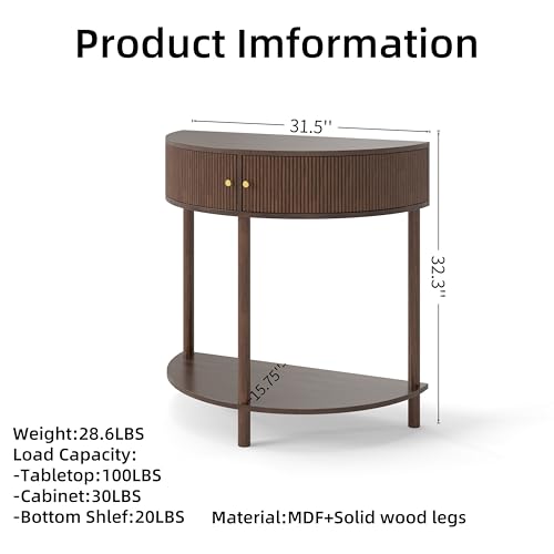 Half Moon Fluted Console Table for Narrow Entryway, Boho Wood Side Coffee Table with Storage, Accent Table for Small Spaces, Decorative Furniture for Living Room Hallway Foyer Entrance (Brown)