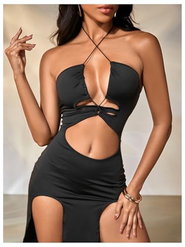 Milumia Women's Gothic Grunge Dress Hollow Out Halter High Slit Bodycon Dresses Festival Rave