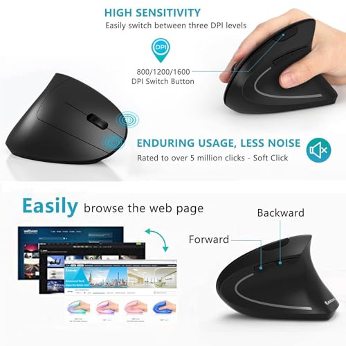 Ergonomic Mouse, LEKVEY Vertical Wireless Mouse - Rechargeable 2.4G Optical Vertical Mice : 3 Adjustable DPI 800/1200/1600...