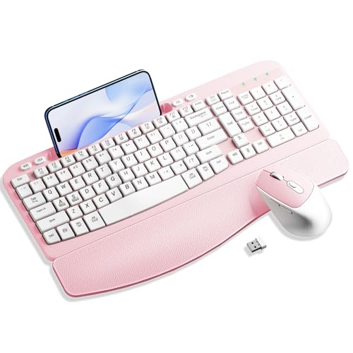 Wireless Keyboard and Mouse Combo, Wave Keys Computer Ergonomic Keyboard with Cushioned Plam Rest, Phone Holder, 2.4GHz Si...
