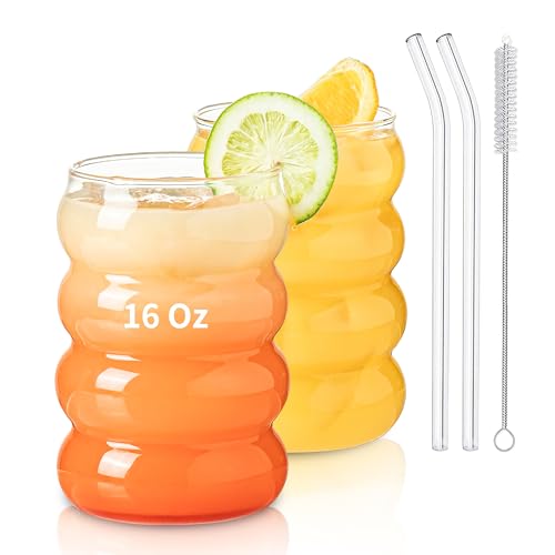 KEMORELA 2PCS Wave Bubble Beverage Glasses With Straws, 16 Oz Vintage Glass Cups, Aesthetic Iced Coffee Glasses, Ripple Gl...