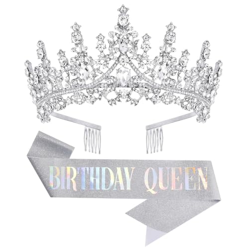 Papoopy Birthday Tiara Crown with Sash for Women, Headband Hair Accessories for Wedding Party Costume Silver