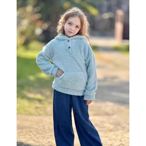 Arshiner Girls Hoodie Sherpa Fleece Pullover Hooded Sweatshirt for Girl Button Up Casual Outerwear Coat With Pockets