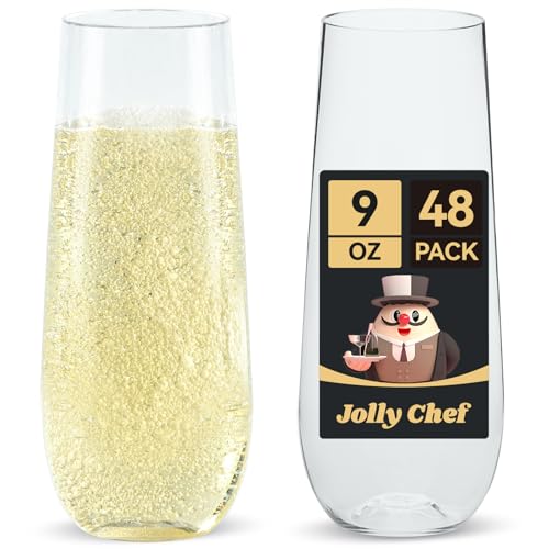 JOLLY CHEF 48 Pack Stemless Plastic Champagne Flutes 9 oz, Crystal Clear Stemless Plastic Toasting Glasses, Clear Disposab...