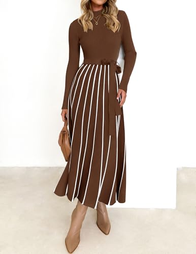ZESICA Womens 2026 Spring Turtleneck Long Sleeve Sweater Dress Tie Waist Casual Loose Ribbed Knit A Line Midi Dresses