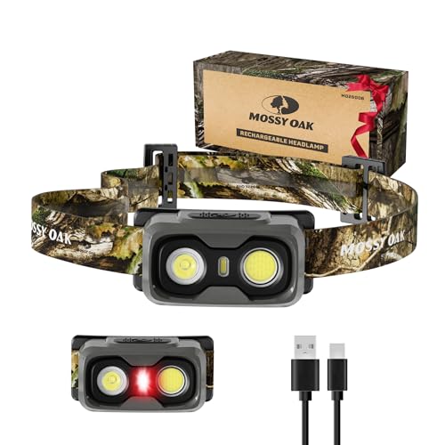 Mossy Oak 600 Lumens Rechargeable Headlamp, Lightweight LED Headlight with White & Red Light, Waterproof Head Lamp with No...
