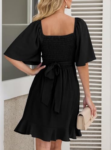 Dokotoo Women's Wrap V Neck Short Flared Sleeve Wedding Guest Dress Smocked Elastic Waist Tiered Belted Ruffle Hem Mini Dress