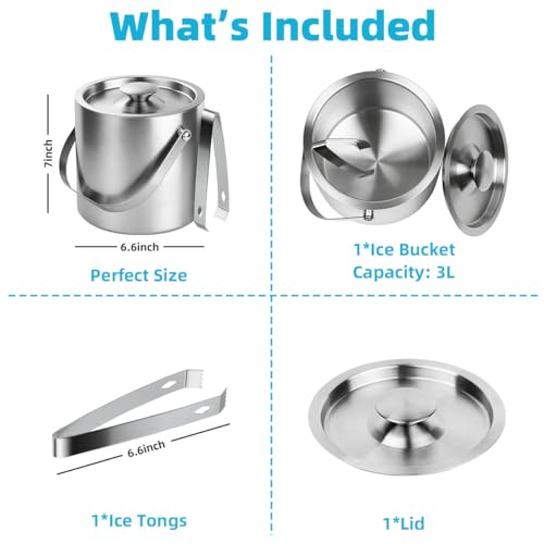 ChefBee Stainless Steel Ice Bucket - 3L Double-Wall Insulated Ice Buckets for Parties with Lid & Tongs, Large Champagne Wi...