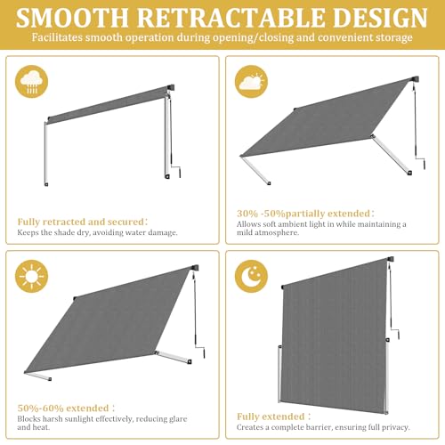 Shade&Beyond 8' X 8' Manual Retractable Awnings for Patio, Outdoor Retractable Patio Awning Sunshade Shelter for Backyard, Garden, Balcony, Grey