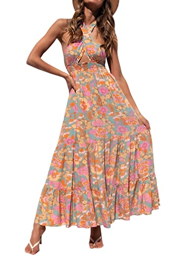 ZESICA Women's 2026 Summer Crossover Halter Neck Sleeveless Plaid Cut Out Backless Flowy A Line Maxi Dress